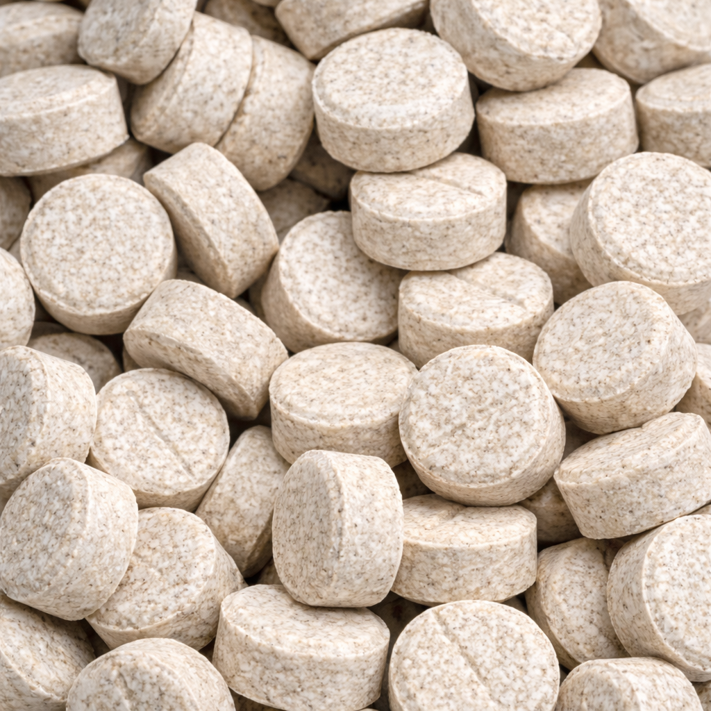Close-up of round beige kratom extract tablets