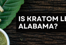 Kratom capsules and powder with text 'Is Kratom Legal in Alabama?'"