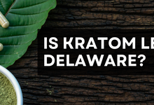 Kratom capsules and powder with text 'Is Kratom Legal in Delaware?'"