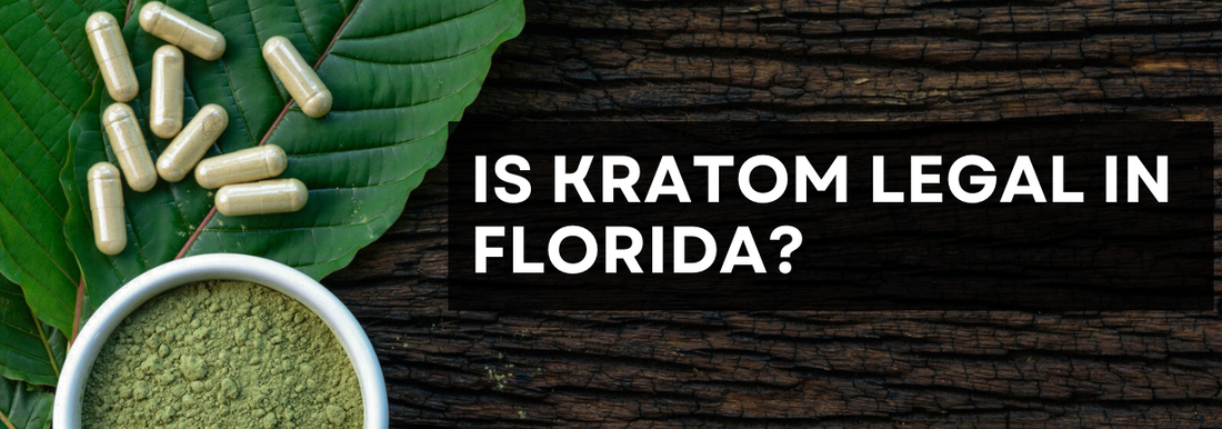Kratom capsules and powder with text 'Is Kratom Legal in Florida?'"