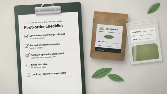 Top-down flat-lay of a green clipboard with a first-order checklist (local law and age, format, COA, small first size, storage) beside a small kraft EdengrowS pouch, a clear sealed sample-style zip bag with blank label lines, and loose green leaves.