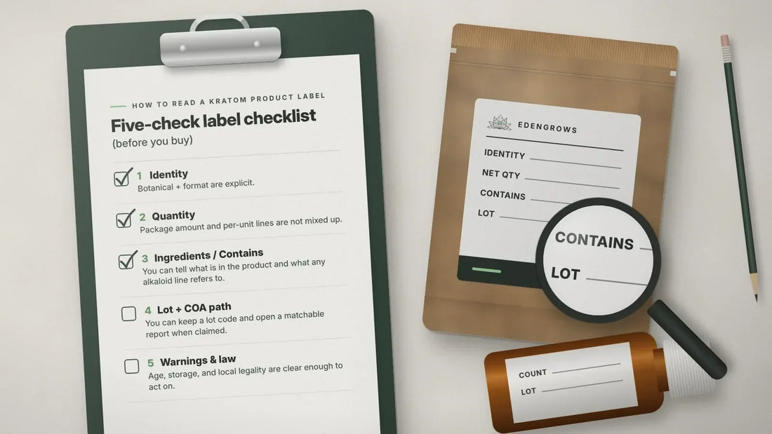 Flat-lay of a clipboard holding a five-check kratom label checklist beside a kraft pouch with blank Identity, Net qty, Contains, and Lot fields, a magnifying glass, and an amber bottle.