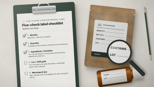 Flat-lay of a clipboard holding a five-check kratom label checklist beside a kraft pouch with blank Identity, Net qty, Contains, and Lot fields, a magnifying glass, and an amber bottle.