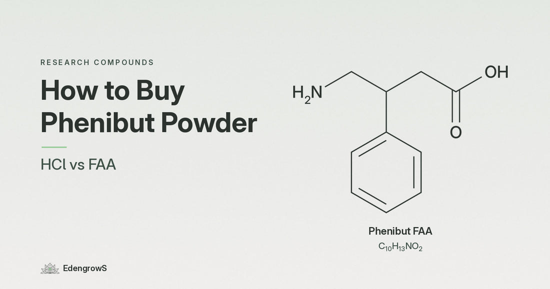 Chemical structure of phenibut free acid (C10H13NO2) with the title How to Buy Phenibut Powder: HCl vs FAA