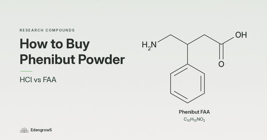 Chemical structure of phenibut free acid (C10H13NO2) with the title How to Buy Phenibut Powder: HCl vs FAA