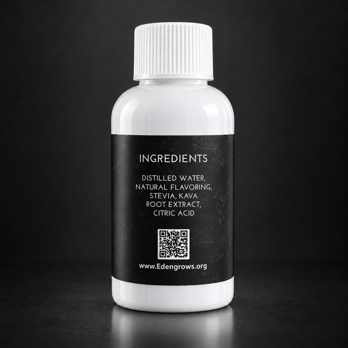 Kava Extract Shot 60 ml bottle, back label with ingredients list and QR code
