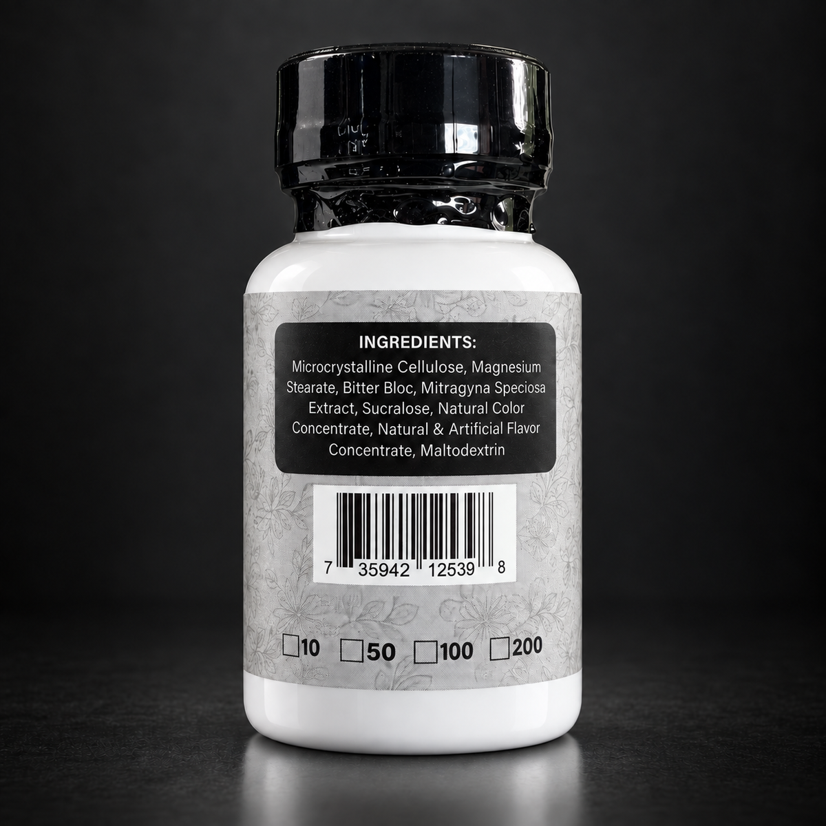 Back of an EdengrowS kratom extract tablets bottle showing product information and a barcode