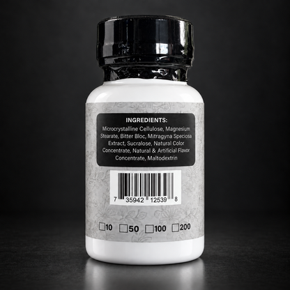 Back of an EdengrowS kratom extract tablets bottle showing product information and a barcode
