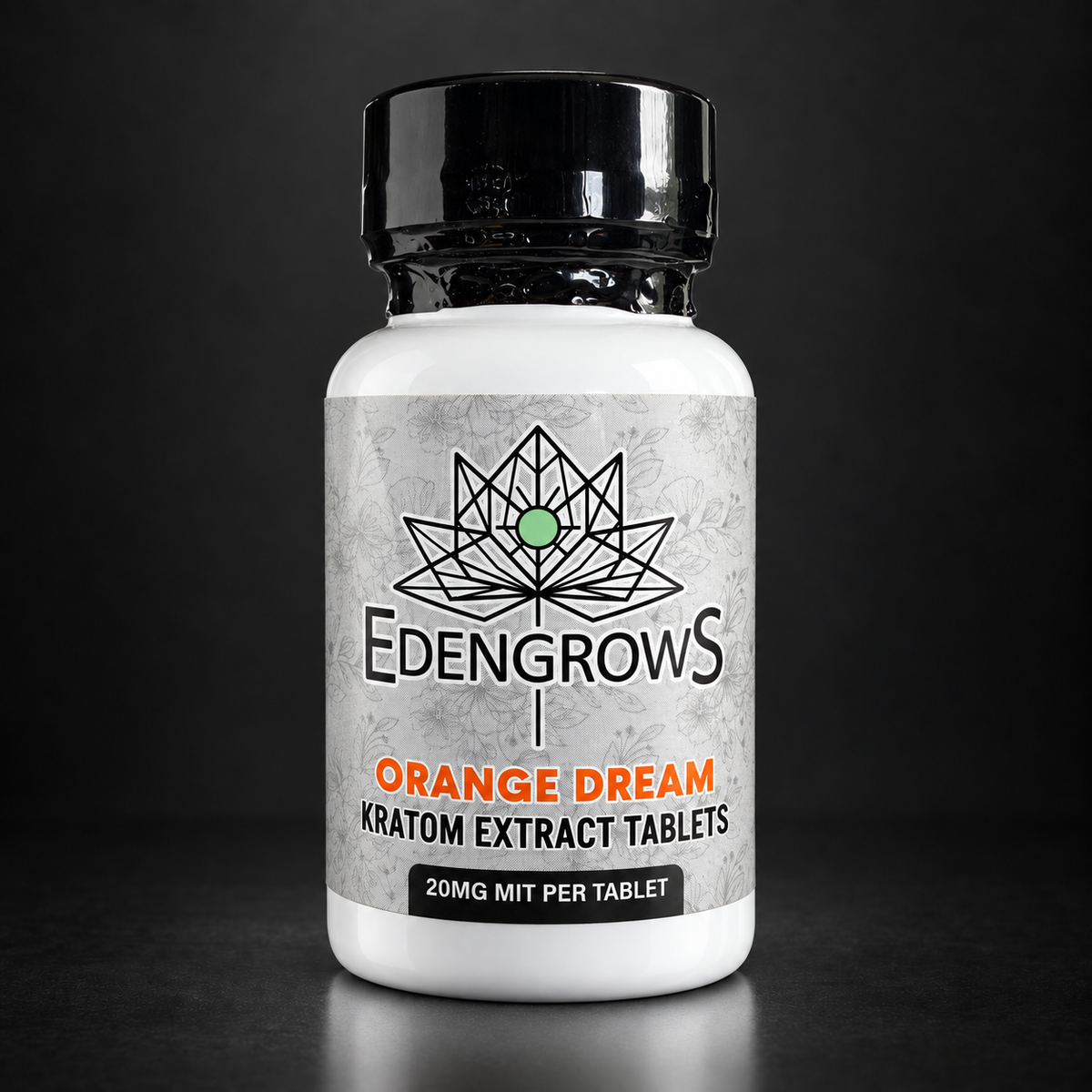 Front of an EdengrowS kratom extract tablets bottle with an orange label