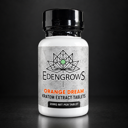 Front of an EdengrowS kratom extract tablets bottle with an orange label
