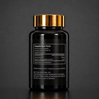 Curcumin Piperine 60-count capsule bottle, back label with Supplement Facts panel