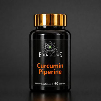 Curcumin Piperine capsules, 60-count black bottle with gold cap, front label