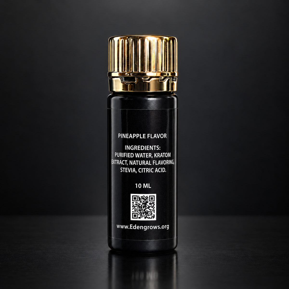Back label of EdengrowS kratom extract shot: pineapple flavor, ingredients, 10 ml