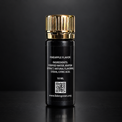 Back label of EdengrowS kratom extract shot: pineapple flavor, ingredients, 10 ml