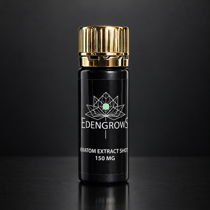 EdengrowS Kratom Extract Shot 150 mg, 10 ml black bottle with gold cap, front label