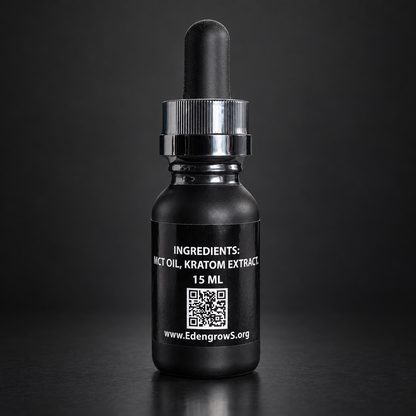 Back label of EdengrowS kratom extract tincture: MCT oil and kratom extract, 15 ml