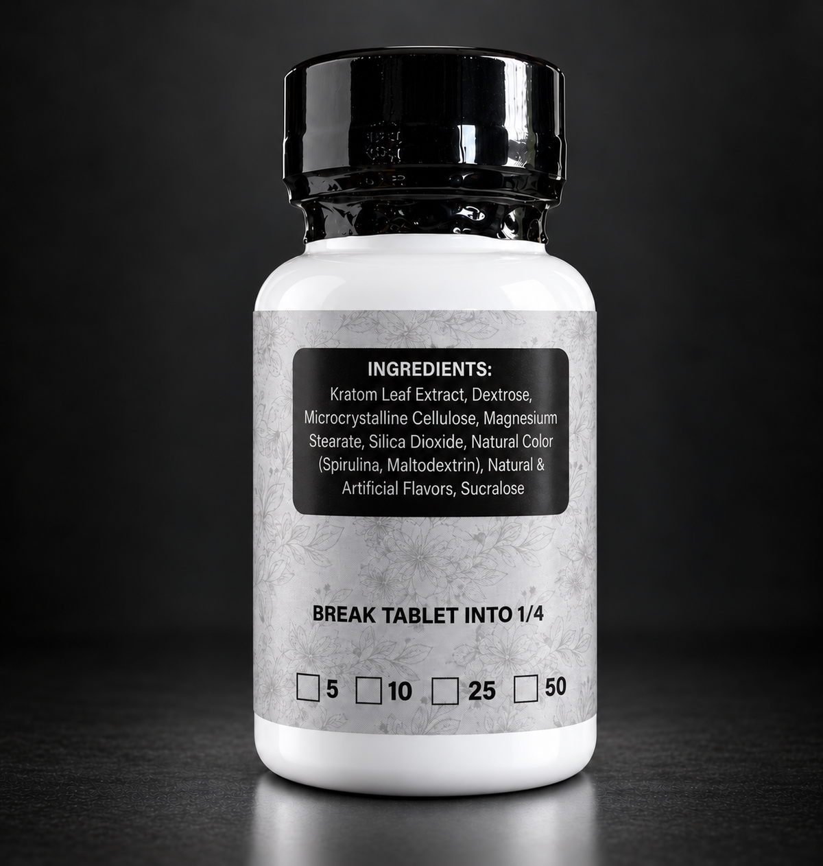 Back of EdengrowS Kratom 200 mg MIT extract tablets bottle showing the ingredient label