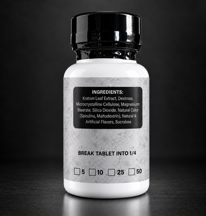 Back of EdengrowS Kratom 200 mg MIT extract tablets bottle showing the ingredient label