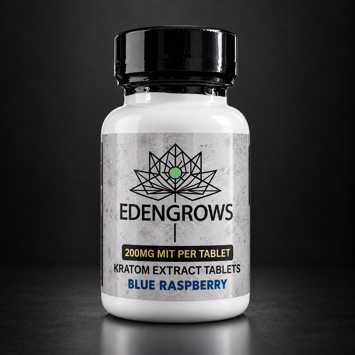 EdengrowS Kratom 200 mg MIT extract tablets bottle with Blue Raspberry label