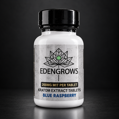 EdengrowS Kratom 200 mg MIT extract tablets bottle with Blue Raspberry label